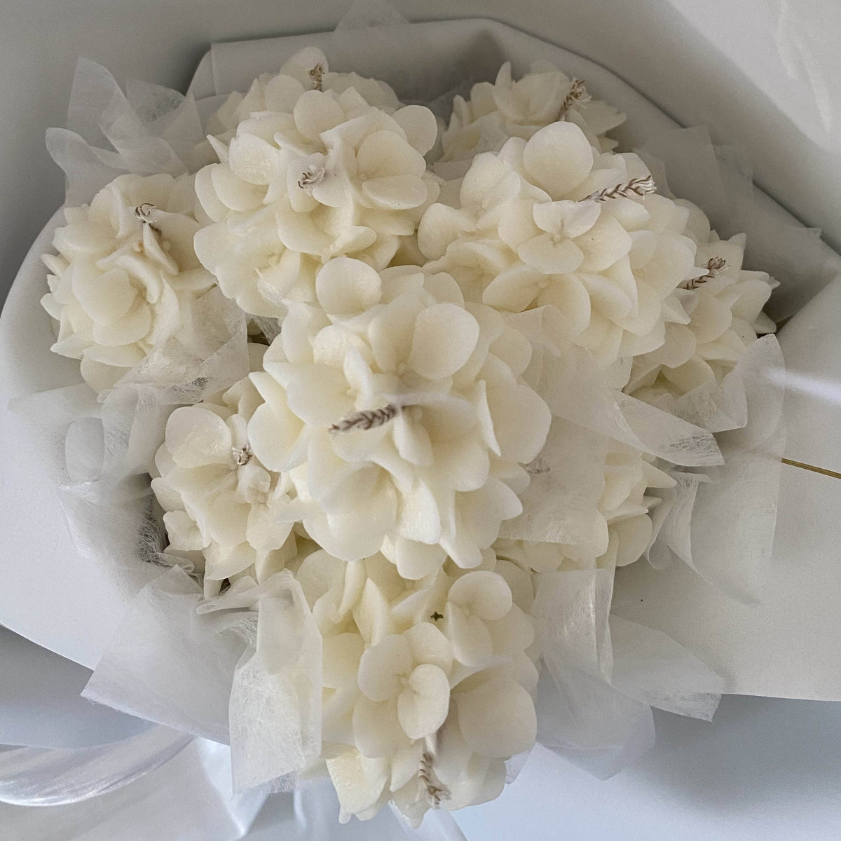 Pearl Haze | White Hydrangea Candle Flower Bouquet