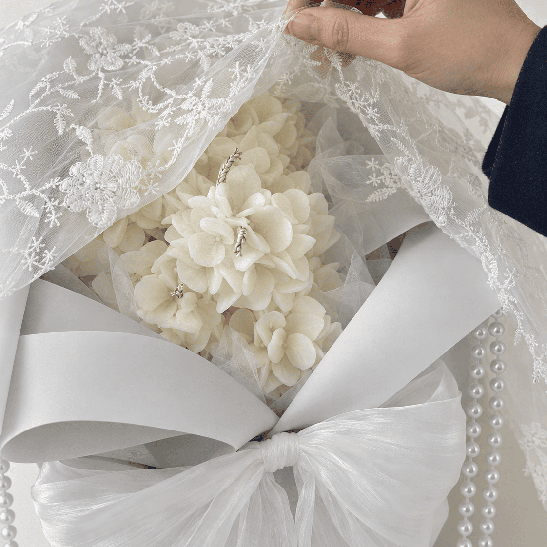 Pearl Haze | White Hydrangea Candle Flower Bouquet