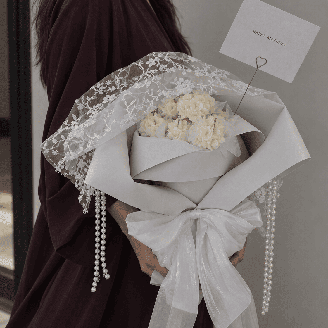 Pearl Haze | White Hydrangea Candle Flower Bouquet
